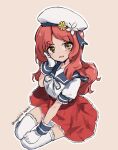  1girl blue_sailor_collar brown_eyes brown_hair frilled_thighhighs frills gloves hand_on_own_face hat hip_vent kangoku_kou kantai_collection long_hair one-hour_drawing_challenge pleated_skirt puffy_short_sleeves puffy_sleeves red_skirt sailor_collar sailor_hat sailor_shirt shirt short_sleeves skirt solo thighhighs wavy_hair white_gloves white_headwear white_shirt white_thighhighs yashiro_(kancolle) 