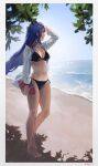  1girl absurdres artist_name ball bare_legs barefoot beach bikini black_bikini blue_hair blue_sky blurry blurry_foreground border breasts cleavage day full_body halterneck hand_on_own_head highres holding holding_ball leaf long_hair looking_afar medium_breasts navel ocean open_clothes open_shirt original outdoors parted_lips rugby_ball sand shade shirt side-tie_bikini sky solo sooon standing stomach string_bikini swimsuit white_border white_shirt 