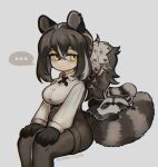  ... 1girl animal_ears animal_hands arknights artist_name bangs black_necktie black_pantyhose black_shorts breasts brown_hair collared_shirt cross_tie crossed_bangs ear_piercing feet_out_of_frame freckles grey_background hair_between_eyes highres invisible_chair large_breasts long_hair looking_at_viewer multicolored_hair necktie pantyhose pantyhose_under_shorts piercing ponytail raccoon_ears raccoon_girl raccoon_tail robin_(arknights) sharktuna shirt shirt_tucked_in shorts simple_background sitting solo speech_bubble spoken_ellipsis streaked_hair tail white_hair white_shirt yellow_eyes 