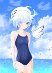  1girl amemiya_nazuna angel_wings arms_behind_back blue_eyes blue_one-piece_swimsuit blue_sky breasts cloud commentary_request competition_school_swimsuit covered_navel day earrings hair_ornament halo heterochromia highres horizon jewelry key looking_at_viewer ocean outdoors pink_eyes school_swimsuit short_hair single_wing sky small_breasts solo surgate_matias swimsuit virtual_youtuber vshojo water_drop white_hair white_headwear wings x_hair_ornament 