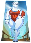  absurd_res anthro clothing curvy_figure ear_piercing ear_ring female fur hi_res lifeguard lifeguard_swimsuit mammal muscular muscular_female one-piece_swimsuit piercing polar_bear rayjay ring_piercing solo sophie_romanov swimwear teeth ursid ursine white_body white_fur wide_hips 