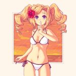  1girl bikini blonde_hair cowboy_shot drill_hair flower hair_flower hair_ornament honolulu_(kancolle) kantai_collection long_hair long_sleeves navel official_alternate_costume red_flower side-tie_bikini smile solo standing swimsuit twin_drills twintails vorisar white_bikini 