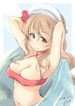  1girl armpits bikini breasts brown_eyes brown_hair cleavage commentary_request criss-cross_halter dated flower fyuo hair_flower hair_ornament halterneck headdress highres kantai_collection large_breasts littorio_(kancolle) long_hair looking_at_viewer navel one-hour_drawing_challenge ponytail red_bikini solo swimsuit upper_body wavy_hair 