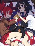 2girls absurdres asagiri_asagi bangs black_eyes blue_eyes blue_hair blue_sailor_collar blue_skirt blush bow bowtie brown_jacket collarbone demon_tail disgaea double_horizontal_stripe earrings etna_(disgaea) fang feet_out_of_frame flipped_hair full_body hair_between_eyes hair_ornament hairclip hand_on_another&#039;s_face hand_on_another&#039;s_mouth highres index_finger_raised indoors jacket jewelry light_blush long_hair long_sleeves looking_at_another looking_at_viewer medium_hair miniskirt multiple_girls on_bed open_mouth peg_leg plaid plaid_skirt pleated_skirt pointy_ears prinny red_bow red_bowtie red_eyes red_hair red_scarf red_skirt sailor_collar scarf school_uniform serafuku shirt short_eyebrows short_sleeves sidelocks skirt skull_earrings slit_pupils smile straight_hair tail tsurime twintails v-shaped_eyebrows white_shirt x_hair_ornament zizi_niisan 