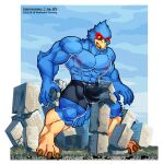  avian bird blue_body boxer_briefs building bulge car city clothed clothing destruction falco_lombardi growth hi_res macro male muscular muscular_male nintendo solo star_fox surprise topless underwear vehicle video_games wolfmalro 