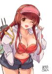  1girl artist_name bangs bikini black_shorts blunt_bangs breasts brown_hair cleavage commentary_request cowboy_shot cutoffs dated denim denim_shorts green_eyes hand_in_pocket helena_(kancolle) highres hood hooded_jacket hoodie jacket kantai_collection large_breasts leaning_forward long_hair looking_at_viewer one-hour_drawing_challenge owa_(ishtail) red_bikini shorts simple_background solo swimsuit visor_cap white_background white_jacket 
