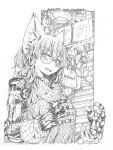  1girl animal_ear_fluff animal_ears artist_name bangs blush breasts dated greyscale highres mechanical_arms medium_breasts medium_hair meiz monochrome open_mouth original ribbed_sweater scan shikishi smile solo stairs sweater traditional_media 