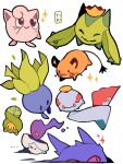  ... :&gt; budew cacnea chimecho closed_mouth commentary dedenne english_commentary gengar highres jigglypuff litwick no_humans oddish pokemon pokemon_(creature) simple_background smile sparkle standing tiki_(tikivt) white_background 