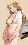  1girl bikini blonde_hair character_request copyright_request elf embarrassed game_console green_eyes highres long_hair mibu_natsuki navel open_mouth pointy_ears sega_saturn swimsuit 