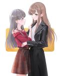  2girls absurdres bangs black_jacket black_skirt blush brown_hair brown_skirt closed_eyes closed_mouth flower grey_eyes grey_hair hair_flower hair_ornament hairclip highres idolmaster idolmaster_cinderella_girls jacket jewelry kobayakawa_sae leaf_print long_hair long_sleeves looking_at_another maple_leaf_print mizumoto_yukari multiple_girls open_clothes open_jacket open_mouth print_skirt red_shirt ring shirt simple_background skirt tf18080512 white_background white_shirt yellow_eyes 