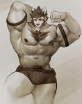  abs anthro belt big_muscles black_hair bottomwear bulge chest_tuft clothing doooo2424 eyebrows flexing greyscale hair hi_res huge_biceps huge_muscles huge_pecs looking_at_viewer male mammal monochrome muscular muscular_male muscular_thighs navel pants pubes solo straps thick_eyebrows tight_clothing tuft ursid 