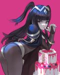  1girl alpaca_carlesi ass bangs bent_over black_eyes black_hair black_nails blunt_bangs bodystocking cake closed_mouth fire_emblem fire_emblem_awakening food gift_art highres long_hair looking_at_viewer smile solo tharja_(fire_emblem) tongue tongue_out 