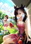  2girls ;d bike_shorts black_hair breasts brown_eyes brown_hair cleavage cloud collarbone commentary_request day dress earrings gloria_(pokemon) grass green_eyes hair_ribbon highres holding hose jewelry knees marnie_(pokemon) morpeko morpeko_(hangry) multiple_girls nail_polish one_eye_closed open_mouth outdoors pink_dress pokemon pokemon_(creature) pokemon_(game) pokemon_swsh ribbon sitting sky smile sobble sports_bra standing sweat tsukigime_(fool_ehle) twintails watermelon_slice 