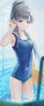  1girl absurdres bangs bare_arms blue_one-piece_swimsuit breasts closed_mouth grey_eyes grey_hair highres holding idolmaster idolmaster_cinderella_girls kobayakawa_sae looking_at_viewer medium_breasts ponytail pool school_swimsuit solo swimsuit tf18080512 wading water wet wet_clothes wet_swimsuit 