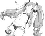  1girl armlet arms_behind_head arms_up bikini blush broken_heart chain commentary_request cosplay cowboy_shot flat_chest greyscale hair_bobbles hair_ornament hairclip halterneck heart heart_hair_ornament highres ichihara_nina idolmaster idolmaster_cinderella_girls looking_at_viewer matatabi_(2ccp) misaki_(princess_connect!) misaki_(princess_connect!)_(cosplay) monochrome navel o-ring o-ring_bikini one_eye_closed princess_connect! sidelocks simple_background smile solo swimsuit twintails 