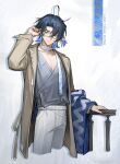  1boy absurdres ahoge arknights blue_hair casual coat collarbone earrings freckles glasses highres jewelry kang_yiqian_(self_cultivation) low-cut lumen_(arknights) multicolored_hair open_clothes open_coat pants pointy_ears scarf solo v-neck white_pants yellow_eyes 