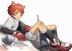  1boy absurdres animal_ears bandages baseball baseball_bat black_bodysuit bodysuit cat_boy cat_ears child gloves highres jacket kemonomimi_mode lying male_child male_focus on_back original red_footwear red_gloves red_hair shorts simple_background solo sora_(zwz030) white_background white_jacket white_shorts 