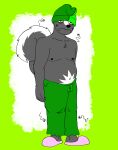  absurd_res anthro arthropod belly black_body black_fur brent_(doobus_goobus) clothed clothing depression digital_drawing_(artwork) digital_media_(artwork) dipteran efradraws fur hat headgear headwear hi_res insect male mammal mephitid simple_background simple_coloring skimpy skunk slippers solo stench 