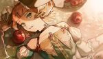  25-ji_night_code_de._(project_sekai) apple artist_name blonde_hair food fruit kagamine_rin looking_at_viewer lying medium_hair nunosei on_back on_floor parted_lips project_sekai puffy_sleeves signature snow_white vocaloid 