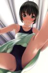  absurdres armpits ass_visible_through_thighs backlighting bangs bare_shoulders black_hair blue_one-piece_swimsuit blush brown_eyes casual_one-piece_swimsuit ceiling closed_mouth dress from_below full-face_blush glowing green_dress highres legs light_rays looking_at_viewer matsunaga_kouyou one-piece_swimsuit original outstretched_arm short_hair smile spread_legs standing swimsuit swimsuit_under_clothes upskirt 