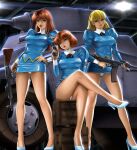  3girls agent_aika aika_(series) ascot assault_rifle black_ascot blonde_hair blue_delmo blue_delmo_b blue_delmo_leader blue_delmo_w blue_footwear blue_jacket blue_skirt breasts brown_eyes closed_mouth commentary covered_nipples crossed_legs crotch_seam delmogeny_uniform ground_vehicle gun hair_ornament hand_on_hip handgun high_heels highres jacket juliet_sleeves lips long_sleeves medium_breasts military military_uniform military_vehicle motor_vehicle multiple_girls panties pantyshot pencil_skirt pink_lips puffy_sleeves red_hair rifle sdkfz_234 shiny shiny_skin short_hair sitting skin_tight skirt smile spj standing tank taut_clothes underwear uniform weapon white_panties 