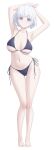  1girl arms_up barefoot bikini black_bikini blue_eyes breasts earrings full_body highres jewelry medium_breasts navel original short_hair side-tie_bikini simple_background stud_earrings swimsuit vivid507 white_background white_hair 