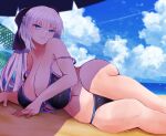  1girl arano_oki bare_shoulders bikini black_bow blue_eyes blush bow braid breasts cleavage fate/grand_order fate_(series) french_braid huge_breasts long_hair looking_at_viewer morgan_le_fay_(fate) navel off_shoulder ponytail solo strap_slip swimsuit thighs white_hair 