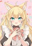  1girl ahoge animal_ear_fluff animal_ears apple_bunny apron bangs black_shirt blonde_hair bow egg fangs food food_art fox_ears fox_girl fox_tail fuwafuwa-chan_(kamiyoshi_rika) green_eyes heart highres kamiyoshi_rika long_hair looking_at_viewer maid maid_apron open_mouth original pink_background red_bow shirt smile solo steepled_fingers tail thank_you upper_body wavy_hair 