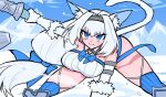  1girl animal_ears blue_eyes breasts dobrynya_nikitich_(fate) elbow_gloves fate/grand_order fate_(series) gloves hacco_mayu highres holding holding_weapon large_breasts leaning_forward long_hair low-tied_long_hair mountainous_horizon smile snow tail thighhighs thighs war_hammer weapon white_hair 