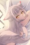  1girl :t absurdres animal_ears breasts ears_down fox_ears fox_girl fox_tail grey_hair highres katsukare long_hair looking_at_viewer lying nude on_stomach original tail yellow_eyes 