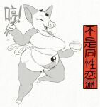  2019 anthro barefoot bottomwear breasts chinese_text chinese_zodiac chopsticks clothed clothing crop_top eyes_closed feet female food generation_3_pokemon grumpig happy holding_food holding_object mammal nintendo on_one_leg open_mouth open_smile pokemon pokemon_(species) rice shirt shorts shoutingisfun smile solo standing suina text topwear translation_check translation_request video_games year_of_the_pig 