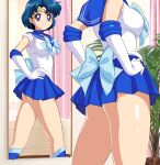  1girl ass bishoujo_senshi_sailor_moon blue_choker blue_eyes blue_hair blue_sailor_collar blue_skirt bow breasts choker earrings elbow_gloves gloves highres jewelry magical_girl mirror mizuno_ami pirochi pose sailor_collar sailor_mercury sailor_senshi_uniform short_hair simple_background skirt small_breasts solo thick_thighs thighs tiara white_background white_gloves 
