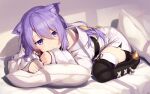  1girl absurdres animal_ears belt boots cat_ears earrings highres hololive hololive_indonesia jacket jewelry long_hair moona_hoshinova on_bed pillow purple_eyes purple_hair single_earring thigh_boots traveler_(artbbt) virtual_youtuber white_jacket 