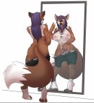  after_transformation anthro big_breasts big_nipples breasts canid canine clothed clothing female footwear fox genitals hair hi_res looking_at_mirror looking_at_object lunate mammal mirror nipples partially_clothed pubes purple_hair pussy shirt socks solo topwear torn_clothing underwear underwear_down wet wet_clothing wet_shirt wet_topwear 