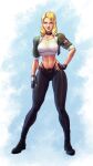  abs black_pants blonde_hair blue_eyes breasts choker crop_top cropped_jacket fingerless_gloves gloves green_jacket hand_on_hip highres jacket josef_axner large_breasts lips lipstick makeup midriff mortal_kombat navel pants red_lips shirt short_hair smile sonya_blade white_shirt 