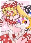  1girl apron bangs bare_hips bare_shoulders blonde_hair blush bow collarbone commentary crystal crystal_wings fang flandre_scarlet frilled_hat frills groin hair_between_eyes hair_ornament hair_ribbon hairclip hat heart heart_hair_ornament heart_ribbon highres laevatein_(touhou) mob_cap navel op_na_yarou open_mouth pink_background pink_headwear polka_dot polka_dot_bow red_eyes red_ribbon ribbon ribs short_hair side_ponytail skirt solo star_(symbol) touhou v white_ribbon wings 
