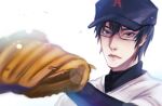  1boy ace_of_diamond baseball_cap baseball_mitt black-framed_eyewear black_hair blue_eyes brb_sb glasses hand_up hat highres lens_flare male_focus serious shirt simple_background solo white_background white_shirt you_shunshin 