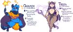  2018 anthro barefoot big_breasts big_bulge blue_body blue_fur bracelet breasts bulge circlet cloak clothing duo english_text feet female fur human jewelry jinti_(artist) leotard magic magic_staff magic_user magic_wand male mammal markings neck_tuft procyonid purple_eyes quazen_(tungsten_taco) raccoon slightly_chubby smile star striped_markings striped_tail stripes tail_markings teeth text trista tuft wand 