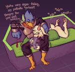  3_toes 4_fingers anthro anthro_on_anthro armor avian ball_fondling balls bdsm beak berdly big_penis bird bird_feet blue_balls blue_body blue_feathers blue_penis blush bodily_fluids bottomless bottomwear bovid butt caprine claws clothed clothing collar degradation deltarune dialogue dirty_talk dominant dominant_male duo english_text eyebrows eyewear feathers feet fellatio fingers fondling fur fur_tuft furniture genitals glasses goat green_eyes head_tuft hi_res holding_leash holding_object holding_penis horn insult leash long_ears lying male male/male mammal moan musk narrowed_eyes on_front open_bottomwear open_clothing open_pants oral pants pawpads paws penile penis penis_in_mouth pink_horn ralsei robe sash scentplay scouter sex short_tail sitting smile sofa sound_effects spread_legs spreading submissive submissive_male sweat sweaty_balls sweaty_butt sweaty_genitalia sweaty_legs sweaty_thighs talons teitoryu text toes tongue tongue_out topwear topwear_only tuft undertale_(series) video_games white_body white_fur yellow_beak 