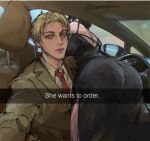  1boy 1girl ass ass_focus black_dress black_hair blonde_hair breasts brown_suit business_suit camera car car_interior chutabou closed_mouth commentary dress english_commentary fake_screenshot formal green_eyes ground_vehicle he_wants_to_order_(meme) head_rest holding holding_camera jitome looking_at_viewer male_focus medium_breasts medium_hair meme messy_hair mirror motor_vehicle necktie photo-referenced pose_request reaching red_necktie short_hair snapchat spy_x_family steering_wheel suit twilight_(spy_x_family) yor_briar 