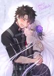  1boy 1girl brown_hair closed_eyes command_spell fate/grand_order fate_(series) fujimaru_ritsuka_(male) fujimaru_ritsuka_(male)_(polar_chaldea_uniform) highres hug jeanne_d&#039;arc_alter_(fate) jewelry ring sushimaro wedding_ring white_background white_hair yellow_eyes 