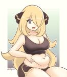  1girl absurdres blonde_hair breasts cleavage cynthia_(pokemon) grey_eyes hair_ornament hair_over_one_eye highres long_hair looking_at_viewer navel open_mouth plump pokemon pokemon_(game) pokemon_dppt short_shorts shorts simple_background sjryker solo tank_top very_long_hair wavy_hair 