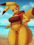  2022 absurd_res anthro beach big_breasts blush breasts camel_toe clothing digital_media_(artwork) eyebrows faejunkie female fingers generation_1_pokemon hi_res huge_thighs looking_at_viewer navel nintendo open_mouth outside pikachu pokemon pokemon_(species) seaside solo thick_thighs video_games 