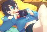  1boy absurdres aqua_eyes bandaid bandaid_on_cheek bandaid_on_face black_hair black_shorts blue_hoodie fang feet game_console highres hood hoodie legs long_sleeves looking_at_viewer male_focus mole mole_on_thigh navel nintendo_switch original short_hair shorts skin_fang solo tatsu_wan thick_eyebrows 