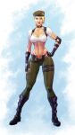  abs blonde_hair blue_eyes breasts choker crop_top green_pants hand_on_hip highres josef_axner large_breasts lips lipstick makeup midriff mortal_kombat navel pants ponytail red_lips shirt smile sonya_blade tan tanlines white_shirt 