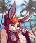  anthro artist_name beach blep blue_eyes brown_body brown_fur bust_portrait chest_tuft domestic_cat ear_piercing ear_ring ear_tuft felid feline felis female front_view fur glistening glistening_eyes hair hybrid inner_ear_fluff lagomorph leporid long_ears mammal outside palm_tree piercing pink_neckwear pink_nose pink_tongue plant playing_with_hair portrait rabbit rayliicious red_hair ring_piercing seaside solo tan_body tan_ears tan_fur text tira_orion tongue tongue_out tree tuft url wavy_hair white_body white_fur white_inner_ear_fluff 