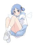  1girl blue_eyes blue_hair blush highres hood hoodie long_sleeves looking_at_viewer naganohara_mio nichijou ookiiayu parted_lips shoes short_hair short_twintails simple_background sneakers socks solo twintails white_background white_footwear white_hoodie white_socks 