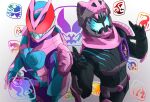  2boys bird black_gloves blue_eyes brachiosaurus driver_(kamen_rider) eagle fist_bump gloves gorilla jackal kamen_rider kamen_rider_revi kamen_rider_revice kamen_rider_vice lion looking_at_viewer mammoth megalodon miyabi_(037) multiple_boys pink_gloves pink_scarf praying_mantis pterosaur red_eyes revice_driver rex_genome rider_belt scarf sharp_teeth stamp_mark teeth tyrannosaurus_rex wings 