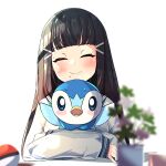  1girl absurdres bangs black_hair blunt_bangs blush blush_stickers closed_eyes commission crossed_arms hair_ornament hairclip highres holding holding_pokemon kurosawa_dia long_hair long_sleeves love_live! love_live!_sunshine!! mole mole_under_mouth piplup pixiv_request plant poke_ball pokemon pokemon_(creature) potted_plant school_uniform serafuku smile solo woruta_(soloistlist) 