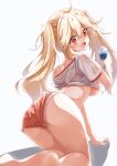  1girl absurdres alternate_costume azur_lane bangs blonde_hair bluecher_(azur_lane) bottle breasts full_body gym_shirt gym_uniform heart heart-shaped_pupils highres looking_at_viewer open_mouth panties panties_under_shorts qian_hen red_eyes red_shorts shirt short_sleeves shorts solo sweat sweaty_clothes symbol-shaped_pupils twintails underwear white_background 